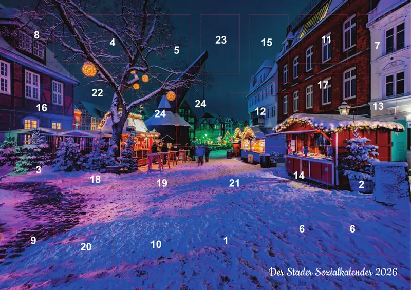 Der gedruckte Kalender 2026: der Stader Fischmarkt im Schnee, darüber die Türnummern von 1 bis 24