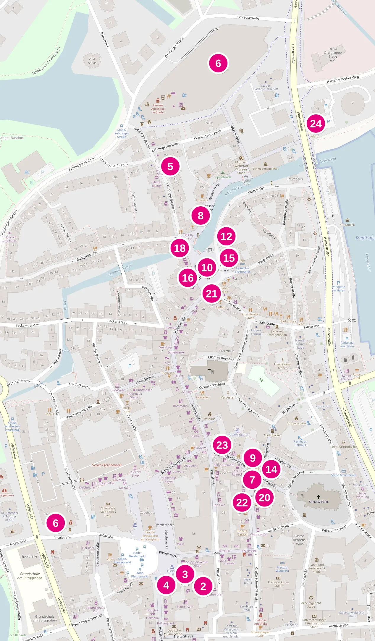 Stadtplan der Stader Altstadt mit den Türnummern der Partner: 2 Café C'est la vie, 3 Ernsting's family, 4 IDEAL, 5 Papiccino, 6 Kaufland Stade, 6 Rindchen's Weinkontor, 7 Stader Fachmarkt, 8 TAPAO, 9 Drogerie Café Aperitivo Bar, 10 STADE Marketing und Tourismus, 12 petit filou, 14 Restaurant Messerschmiede, 15 Kaspio, 16 MENDOZA Steakhouse, 18 Na Kitchen, 20 Gamepoint Stade, 21 Memories, 22 Piccantini, 23 TEE in Stade, 24 Velero